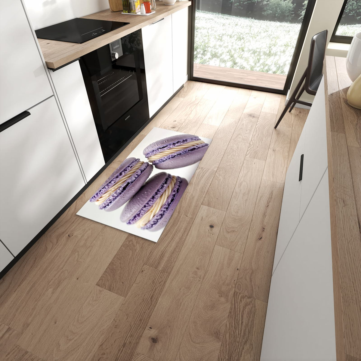 Geruchsneutraler Bodenläufer Teppich mit Motiv Lila Macarons in moderner Küche #grösse_60 x 120 cm