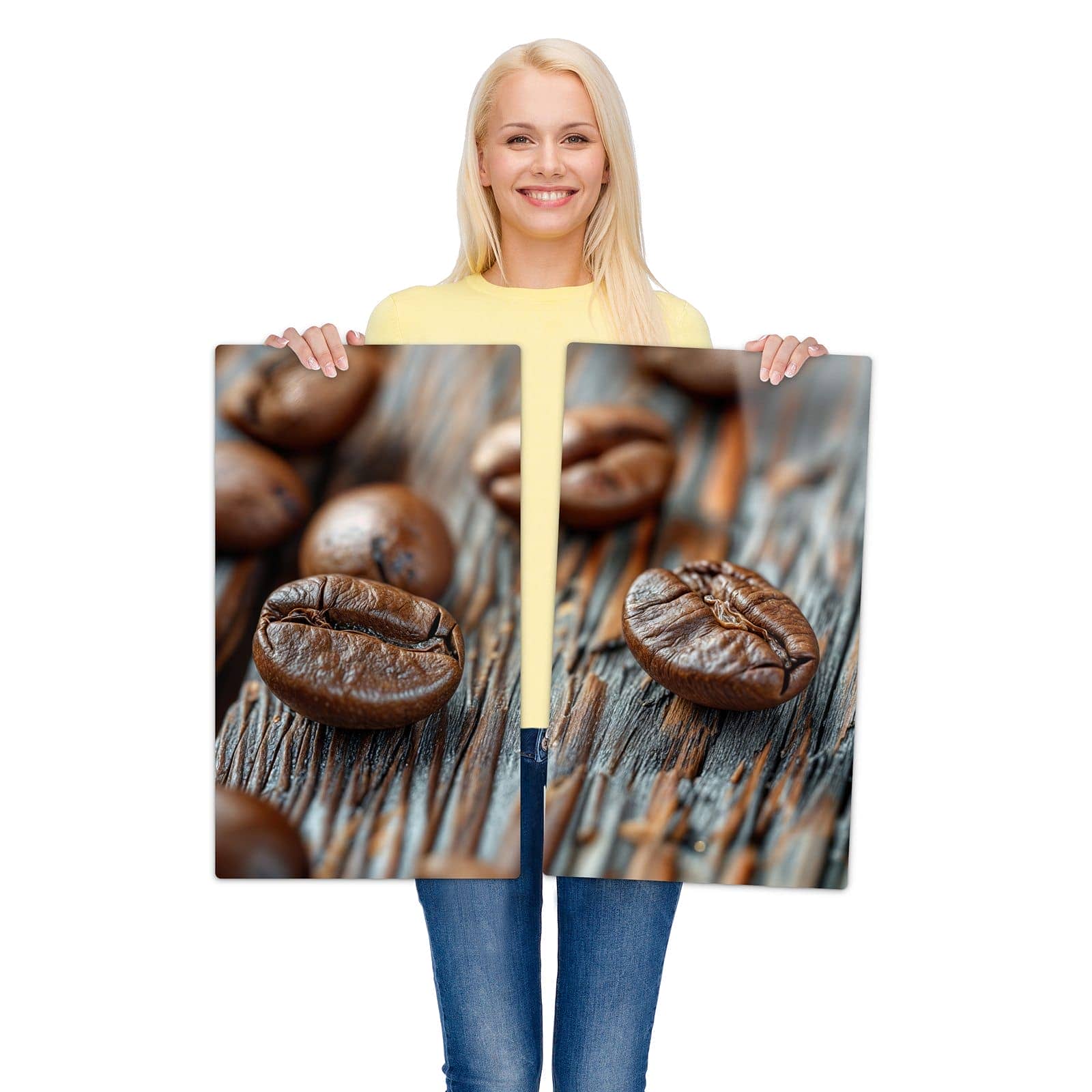 2-teilige Herdabdeckplatten mit Sanfte Kaffeebohnen-Motiv werden zur Größendarstellung gehalten