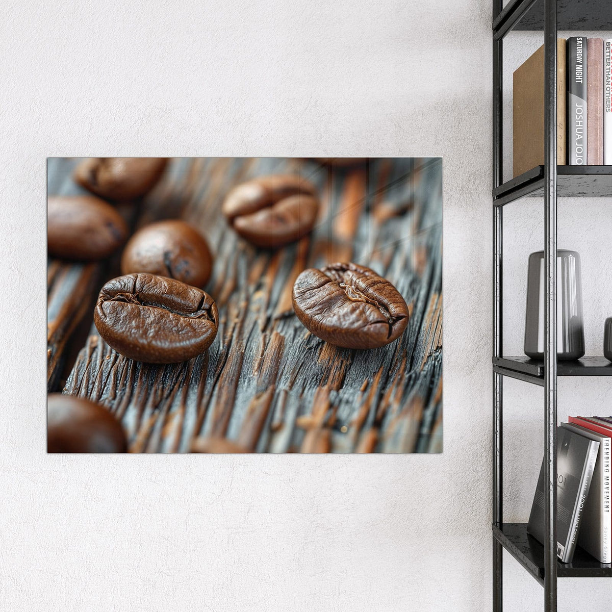 Glas Magnettafel - Röstbohnen auf Altholz – Kaffeebohnen auf rustikalem Holz