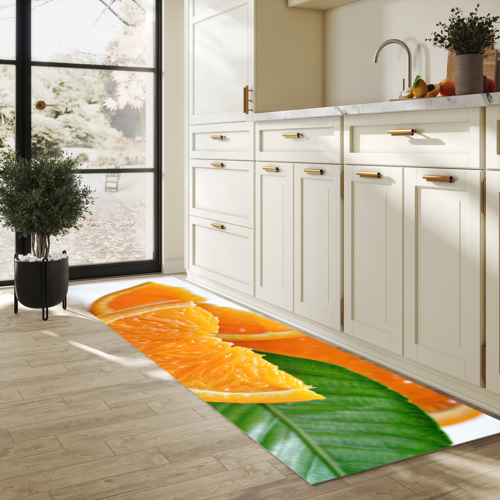 Fleckenresistenter waschbarer Läufer mit Motiv Orangenscheiben in heller Küche