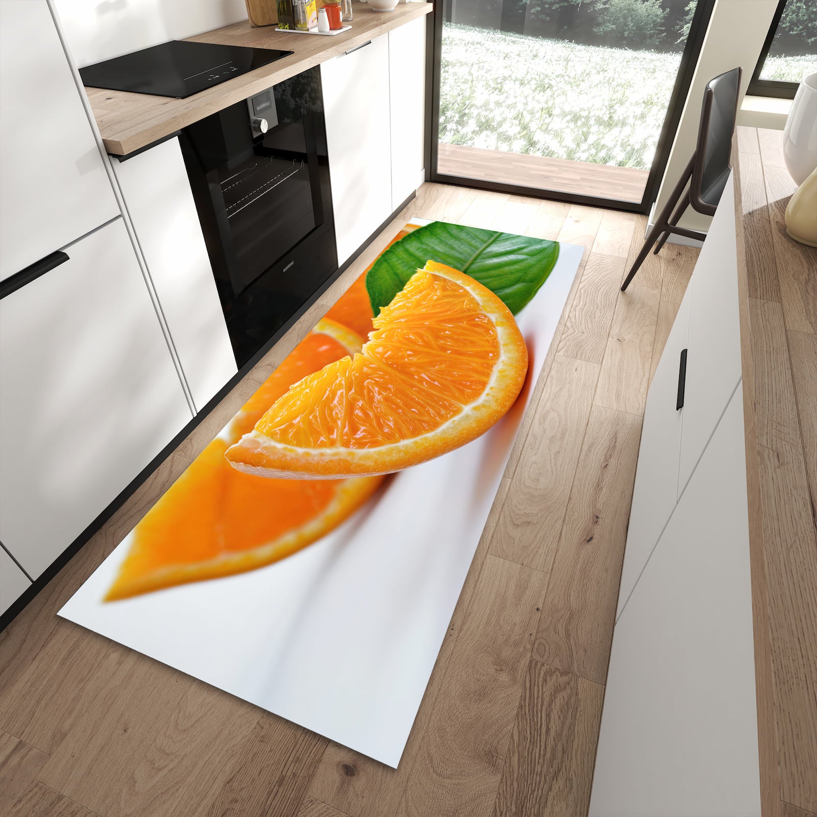 Bodenschonender Küchenteppich mit Motiv Orangenscheiben in moderner Küche