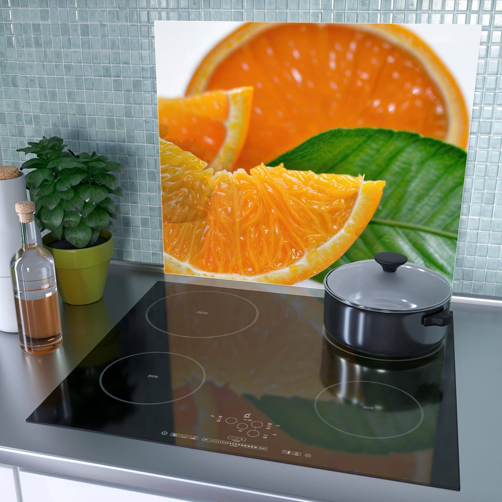 1-teilige Herdabdeckplatten für Ceranfeld mit Orangenscheiben-Motiv als Spritzschutz hinter dem Kochfeld