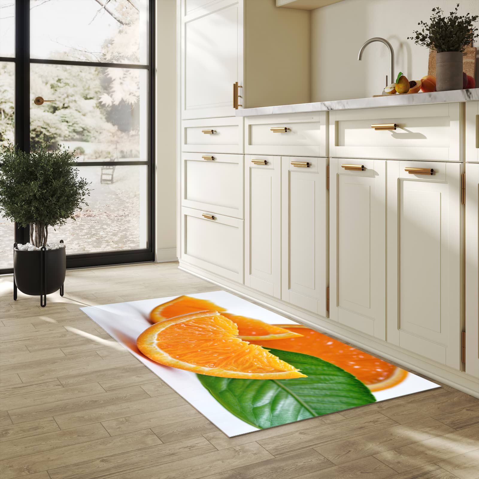 Schmutzabweisender waschbarer Küchenläufer mit Motiv Orangenscheiben in heller Küche
