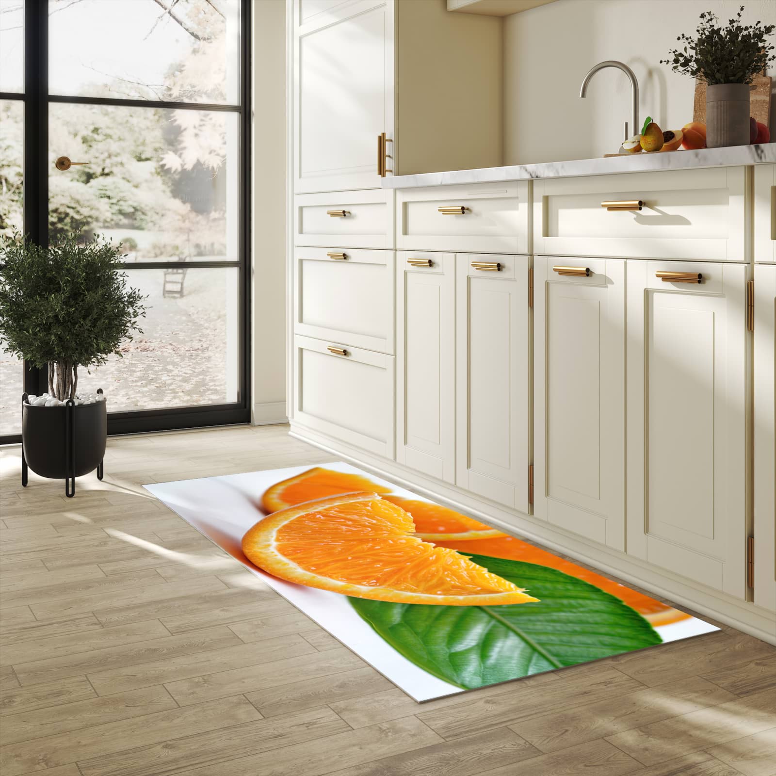 UV-beständiger Küchenläufer mit Motiv Orangenscheiben in heller Küche