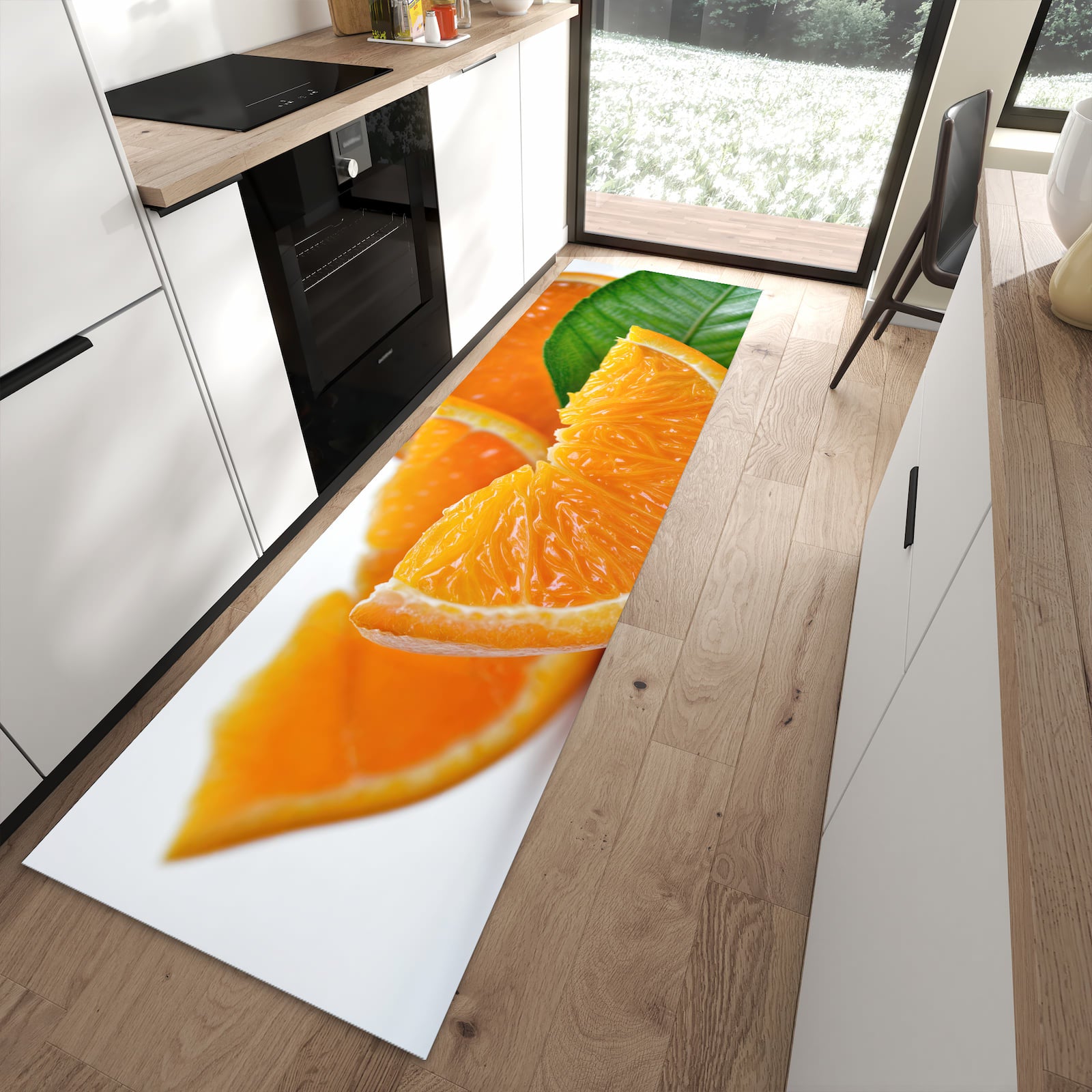 Langlebiger Küchenvorleger mit Motiv Orangenscheiben in moderner Küche