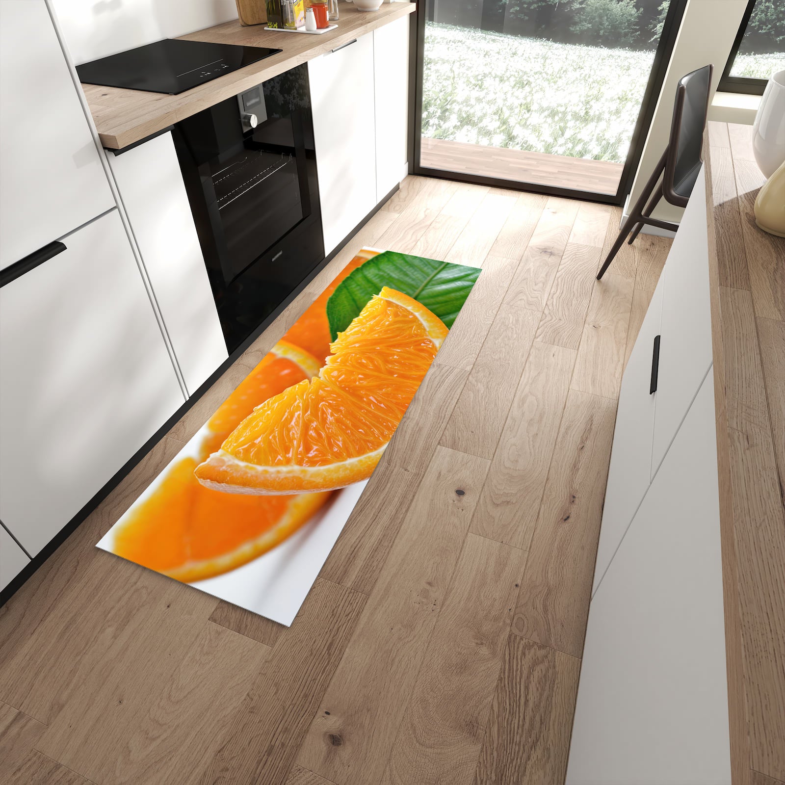 Komfortabler Küchenteppich mit Motiv Orangenscheiben in moderner Küche