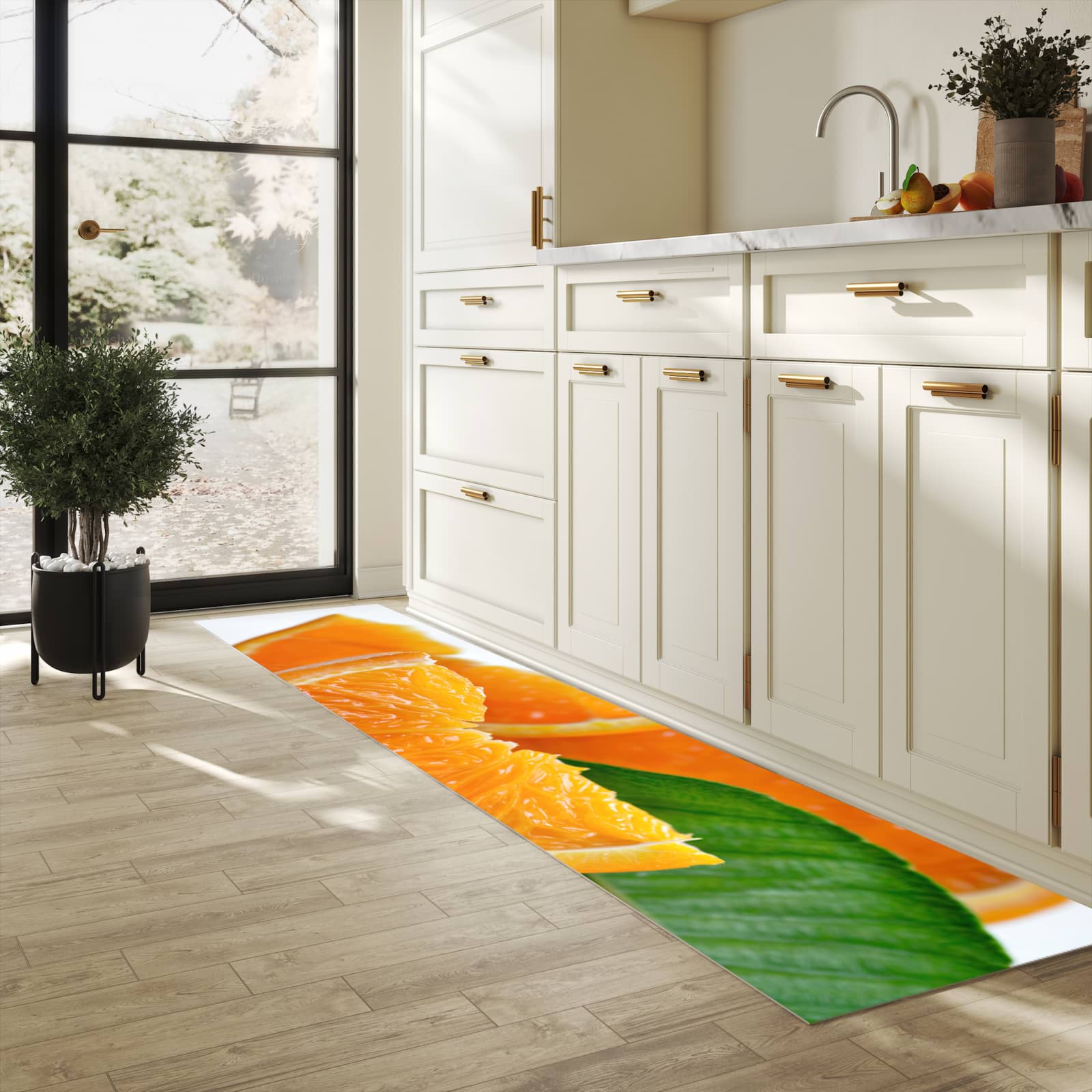 Geräuschdämpfender Küchenvorleger mit Motiv Orangenscheiben in heller Küche