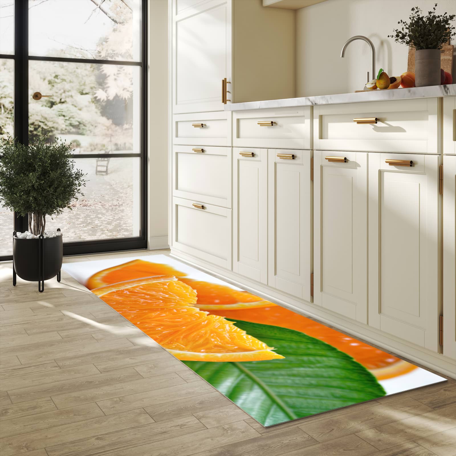 Wasserabweisender Teppichläufer mit Motiv Orangenscheiben in heller Küche