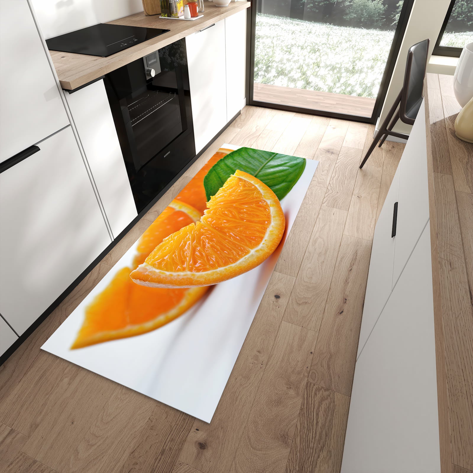 Strapazierfähiger Küchenläufer mit Motiv Orangenscheiben in moderner Küche
