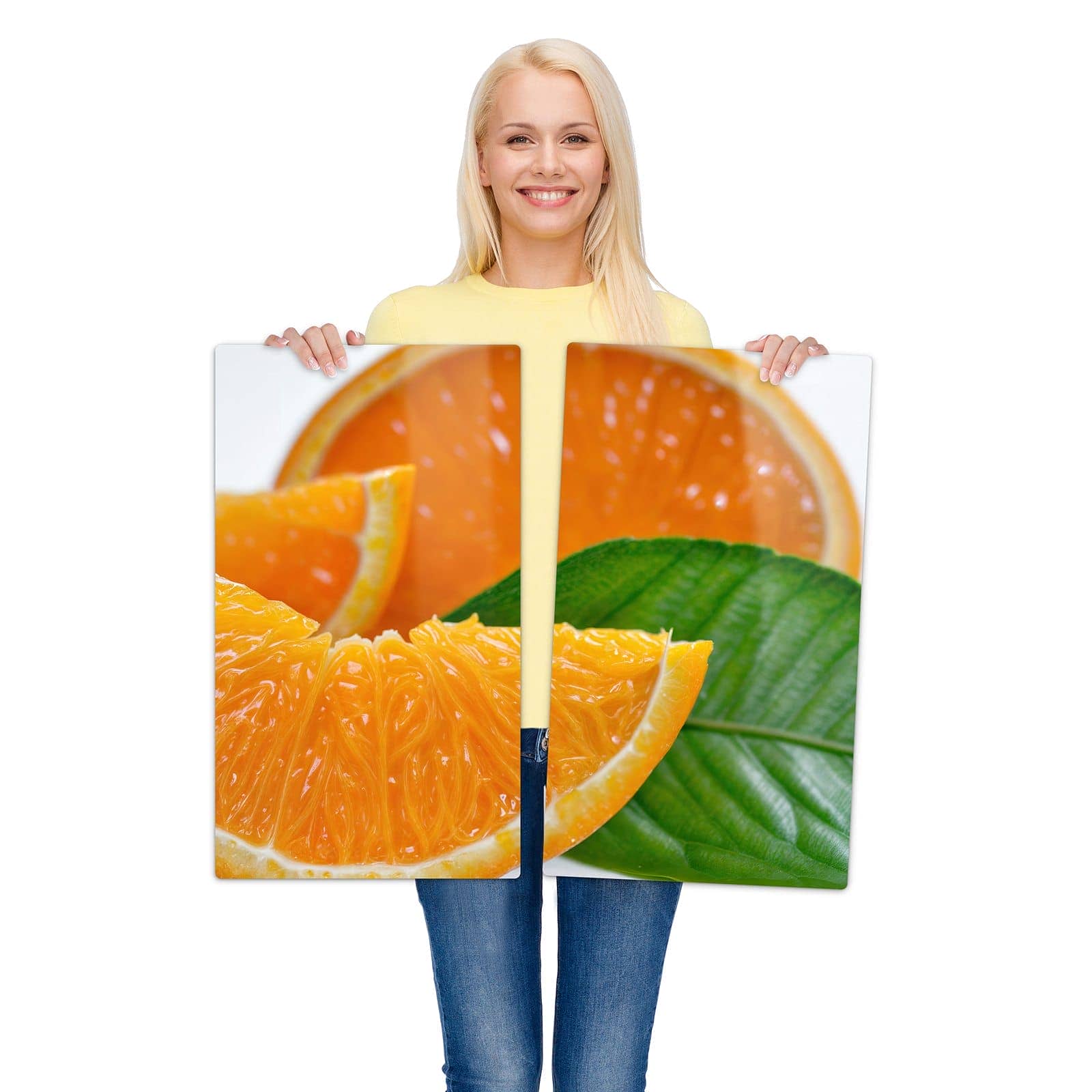 2-teilige Herdabdeckplatten mit Orangenscheiben-Motiv wird zur Größendarstellung gehalten