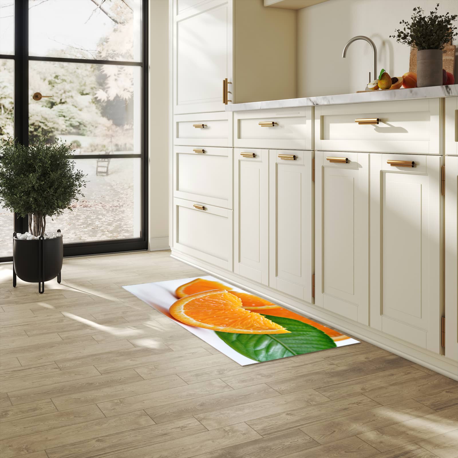Farbbeständiger Läufer für die Küche mit Motiv Orangenscheiben in heller Küche