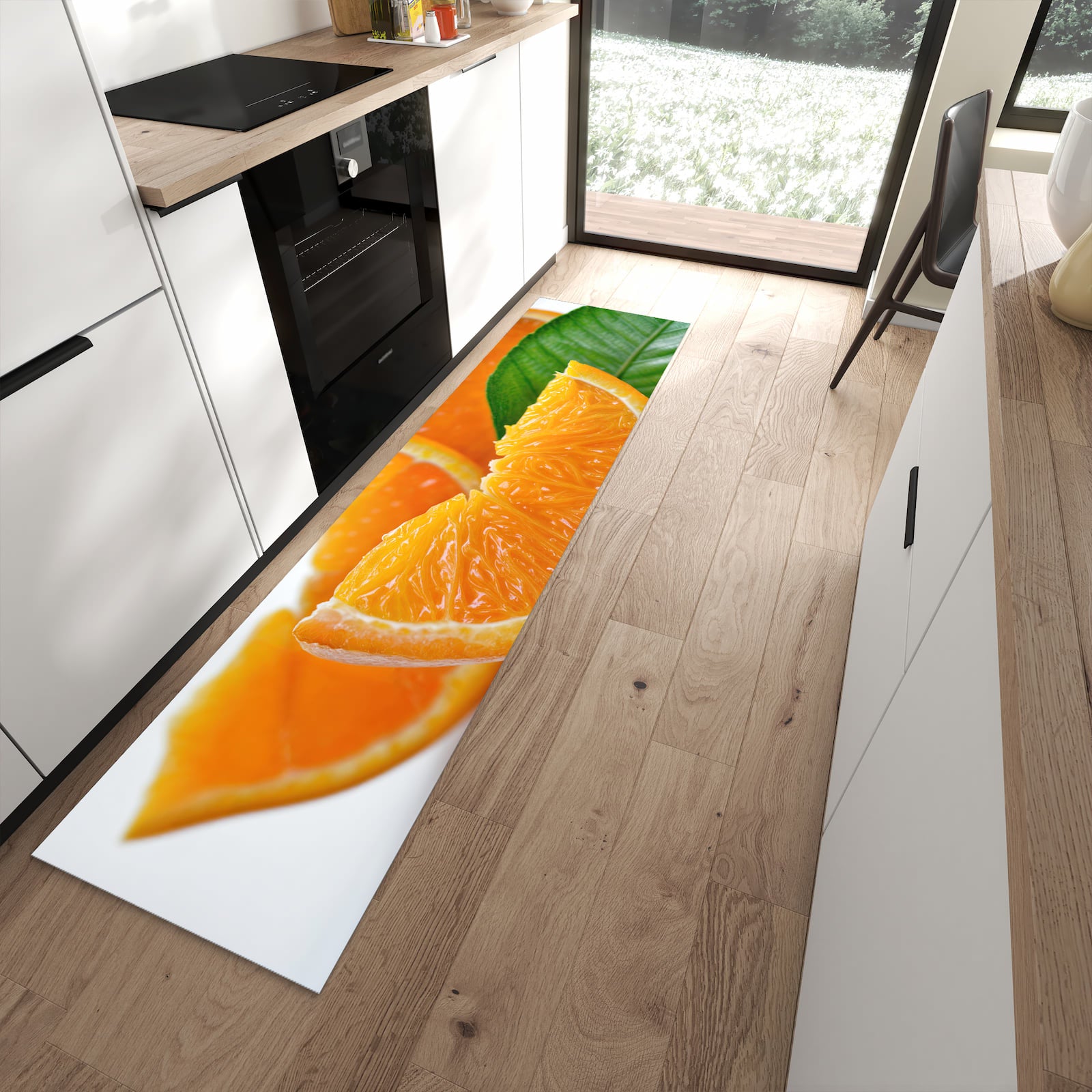 Rutschfester Küchenteppich mit Motiv Orangenscheiben in moderner Küche