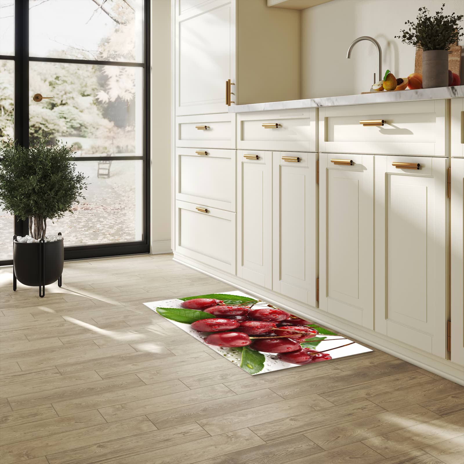 Pflegeleichter moderner Küchenläufer mit Motiv Kirschen von Frische in heller Küche