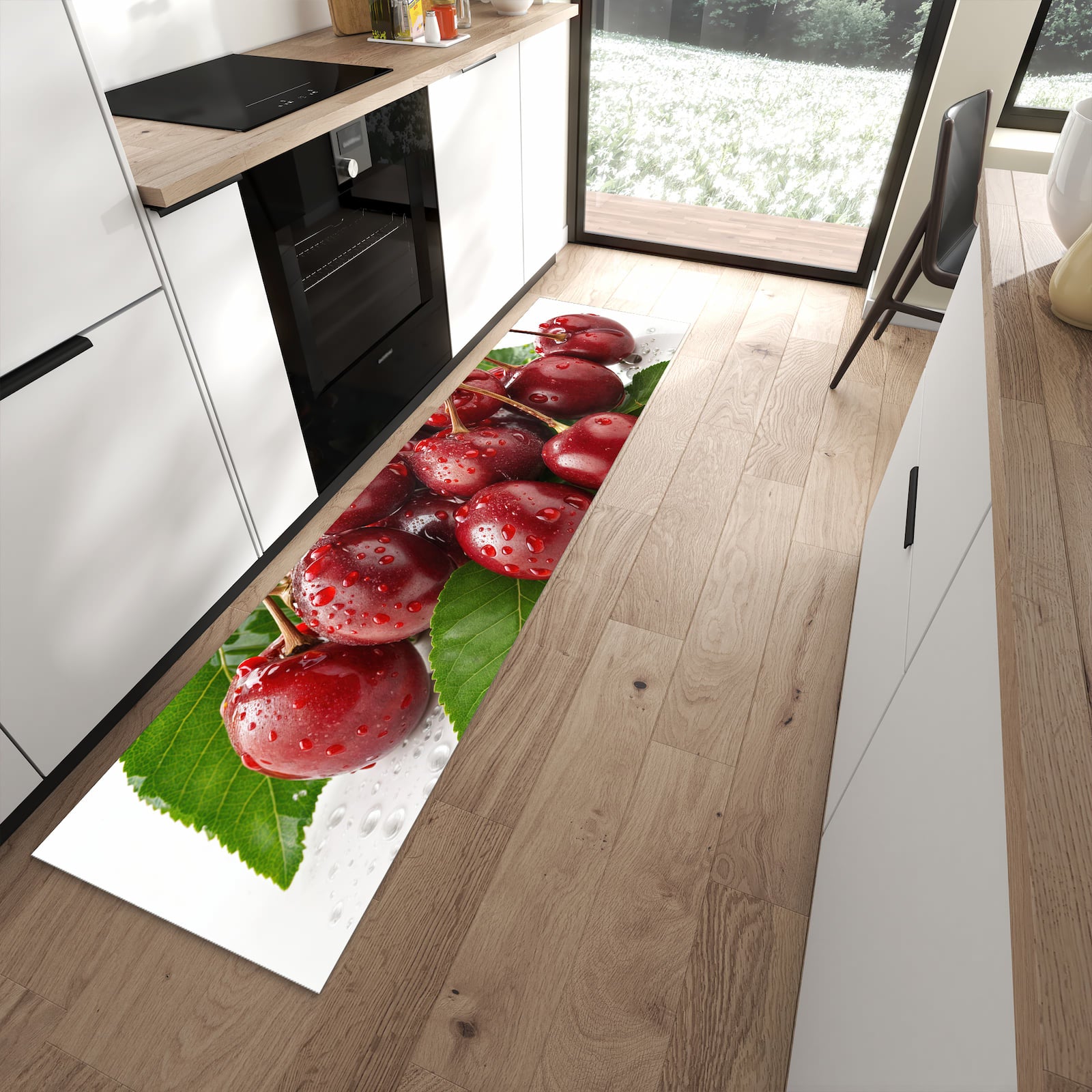 Zeitsparender rutschfester Küchenläufer mit Motiv Kirschen von Frische in moderner Küche