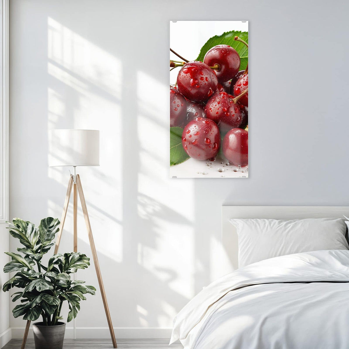 Glasbild Kirschen mit Tautropfen an der Wand – Glänzende dunkelrote Kirschen mit Stielen und Wassertropfen zwischen grünen Blättern