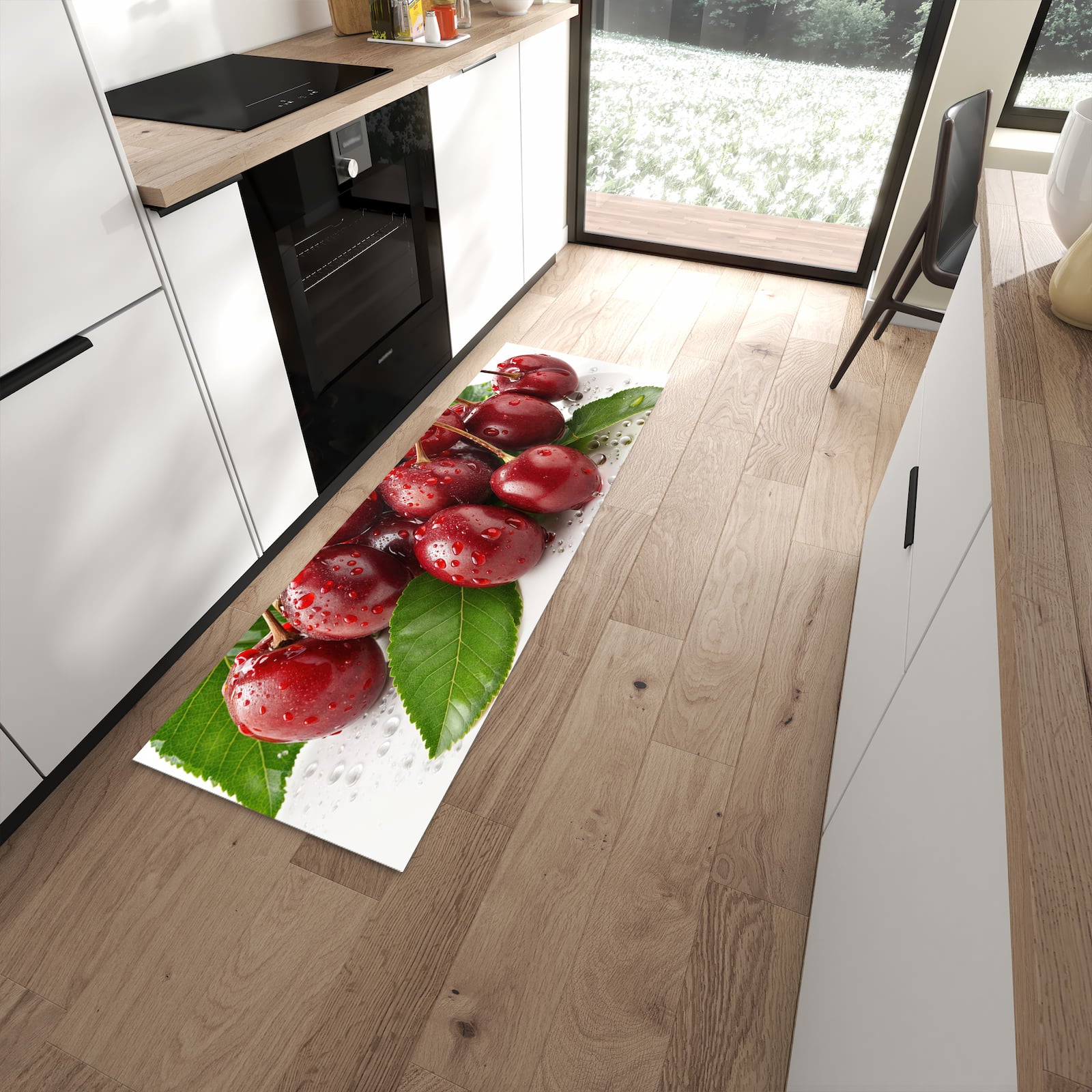 Waschbarer Küchenläufer mit Motiv Kirschen von Frische in moderner Küche für sicheres Aufbewahren