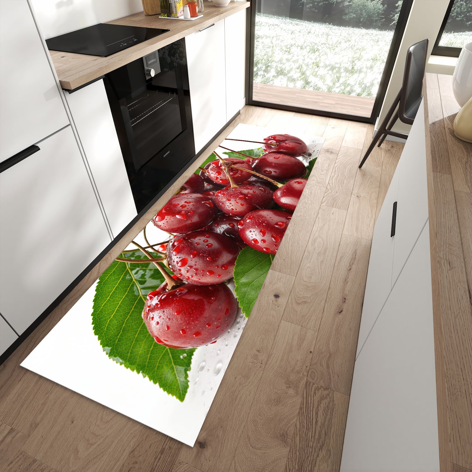 Wasserabweisender Küchenläufer mit Motiv Kirschen von Frische in moderner Küche