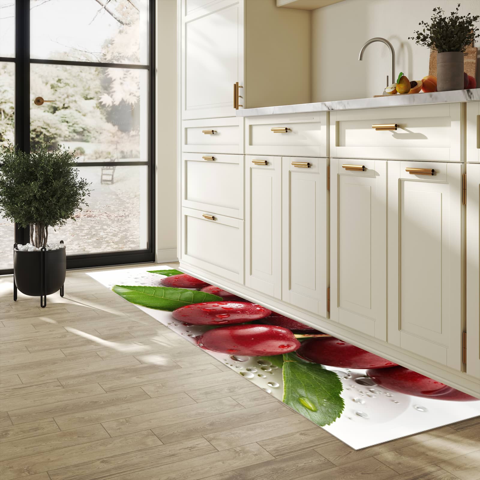 Hygienischer Küchenteppich mit Motiv Kirschen von Frische in heller Küche - abwaschbar