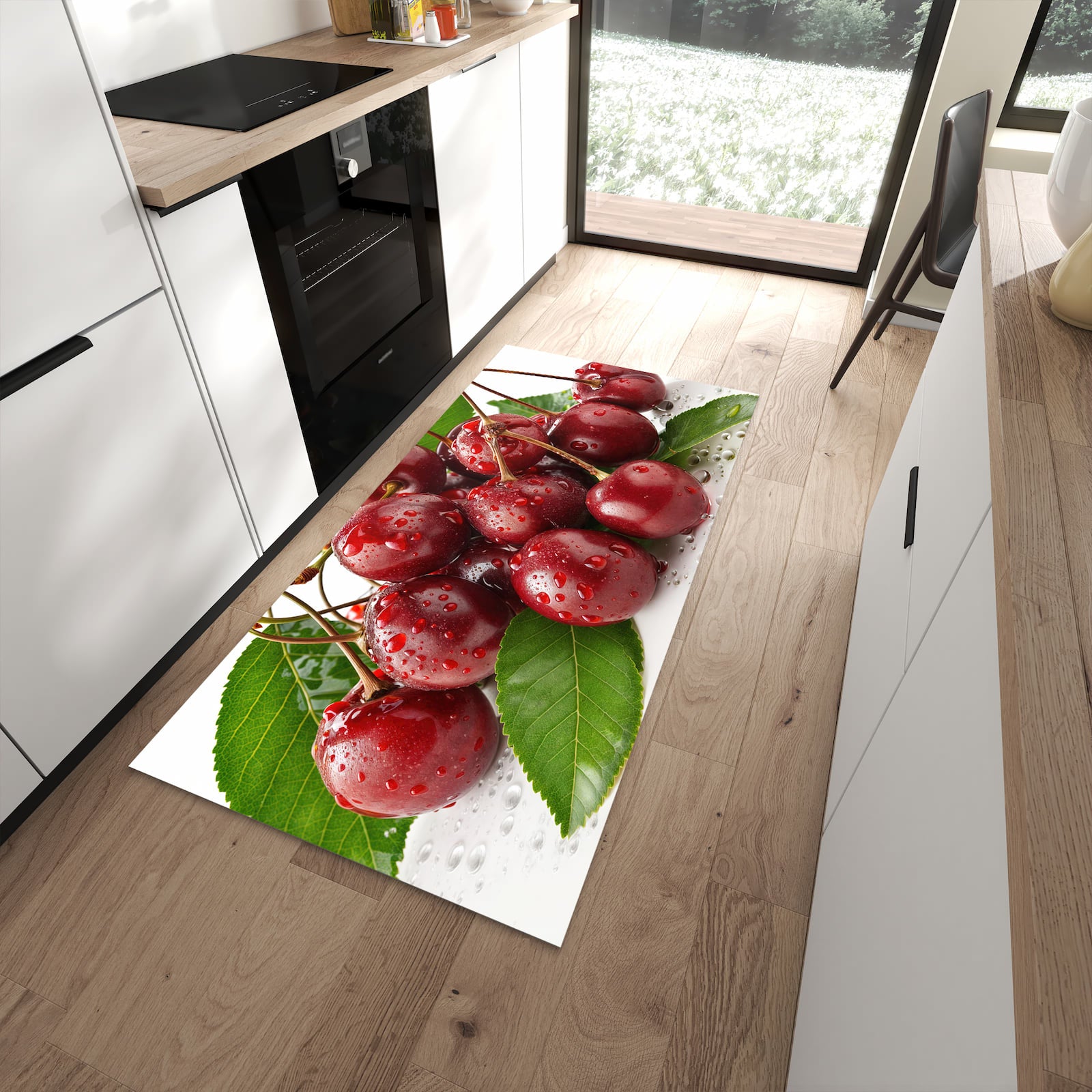 Geruchsneutraler Küchenteppich mit Motiv Kirschen von Frische in moderner Küche