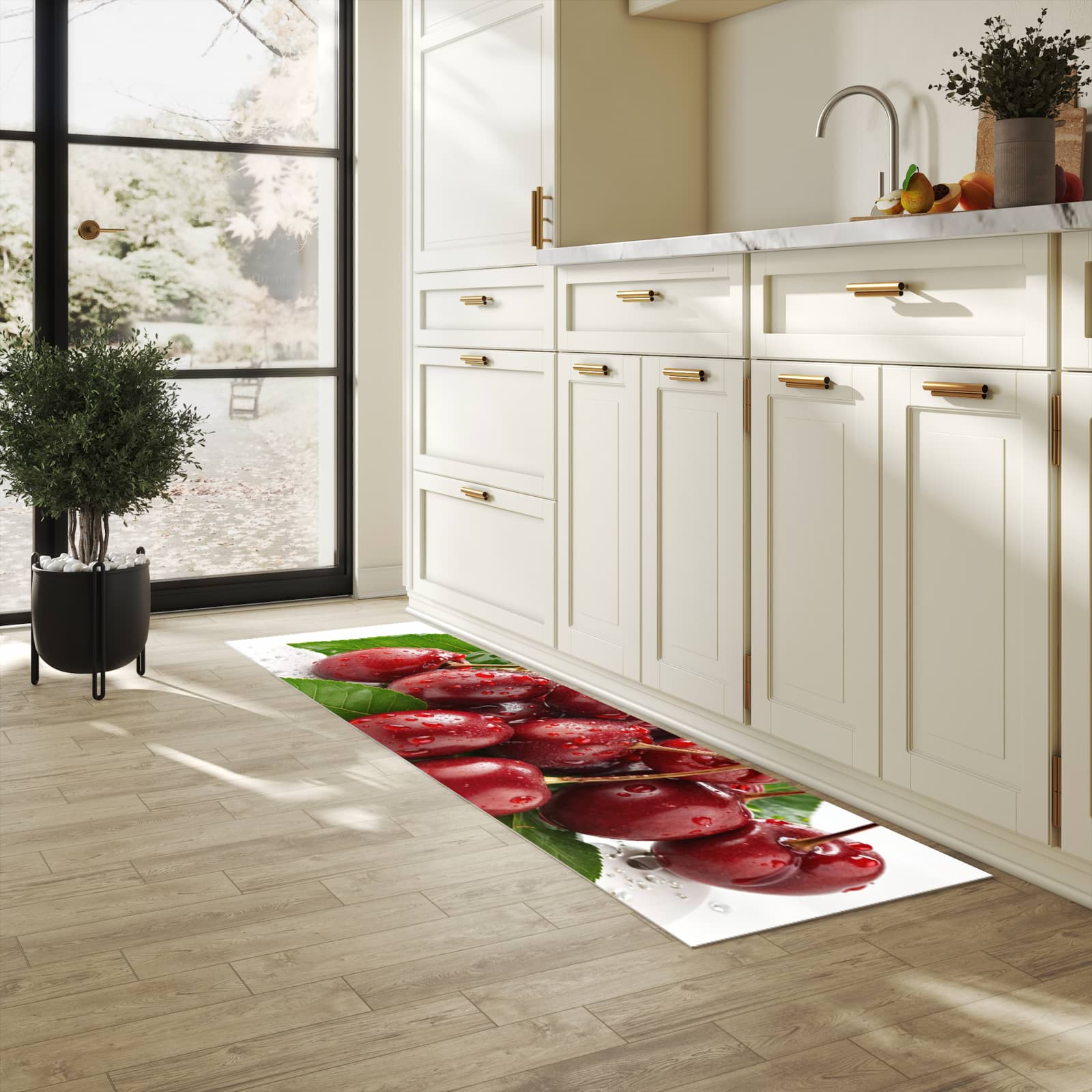 Pflegeleichter moderner Küchenläufer mit Motiv Kirschen von Frische in heller Küche