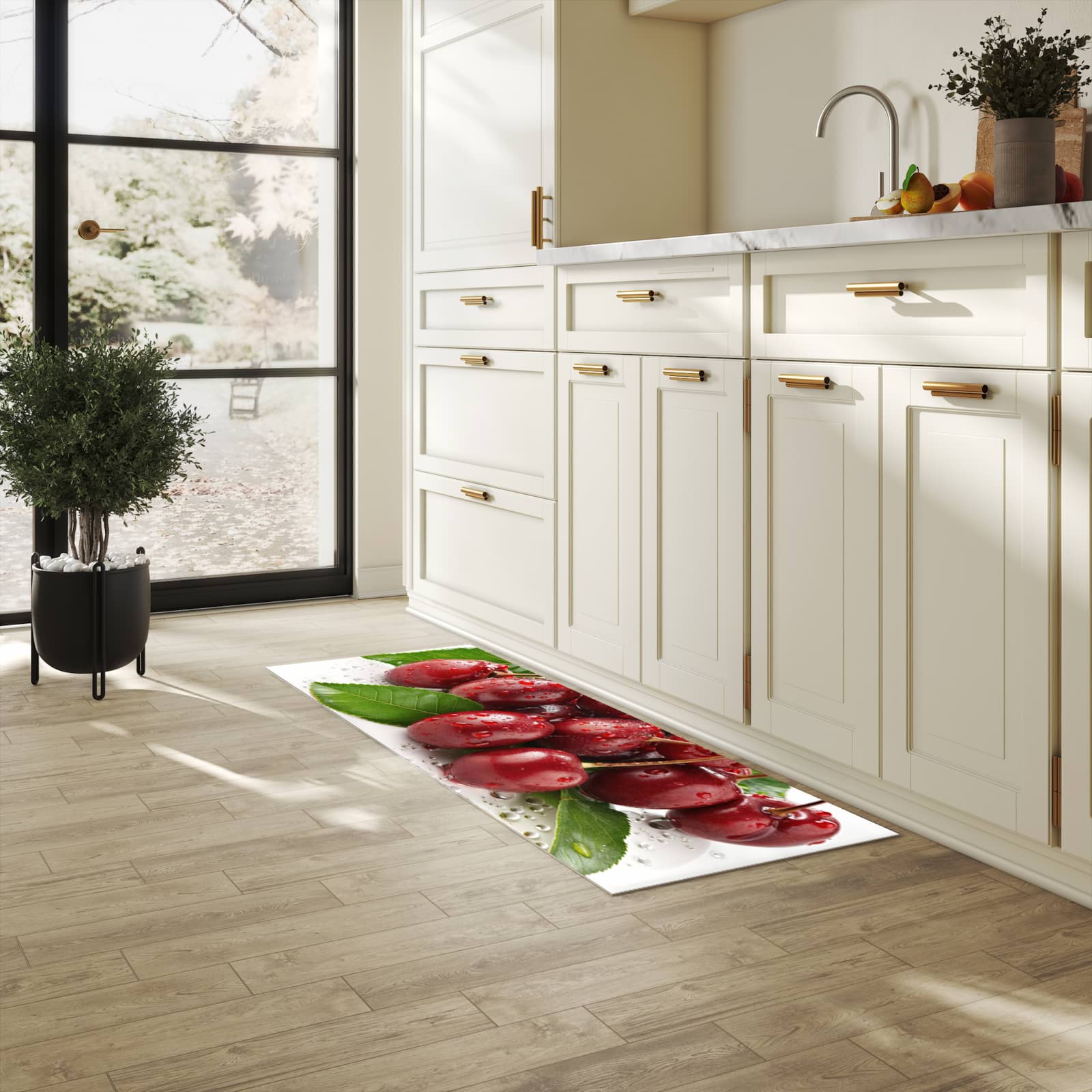 Rutschfester Küchenläufer mit Motiv Kirschen von Frische in heller Küche zum Waschen