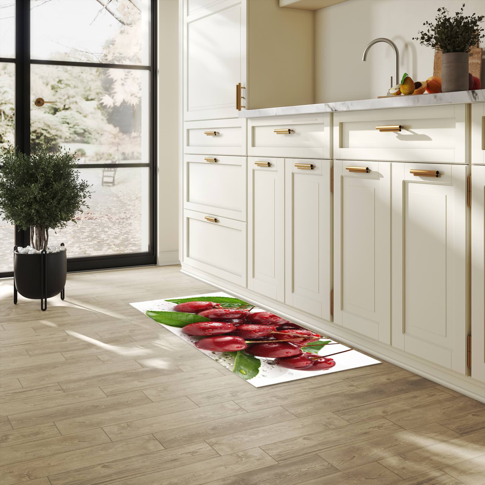 Komfortabler Küchenläufer nach Maß mit Motiv Kirschen von Frische in heller Küche