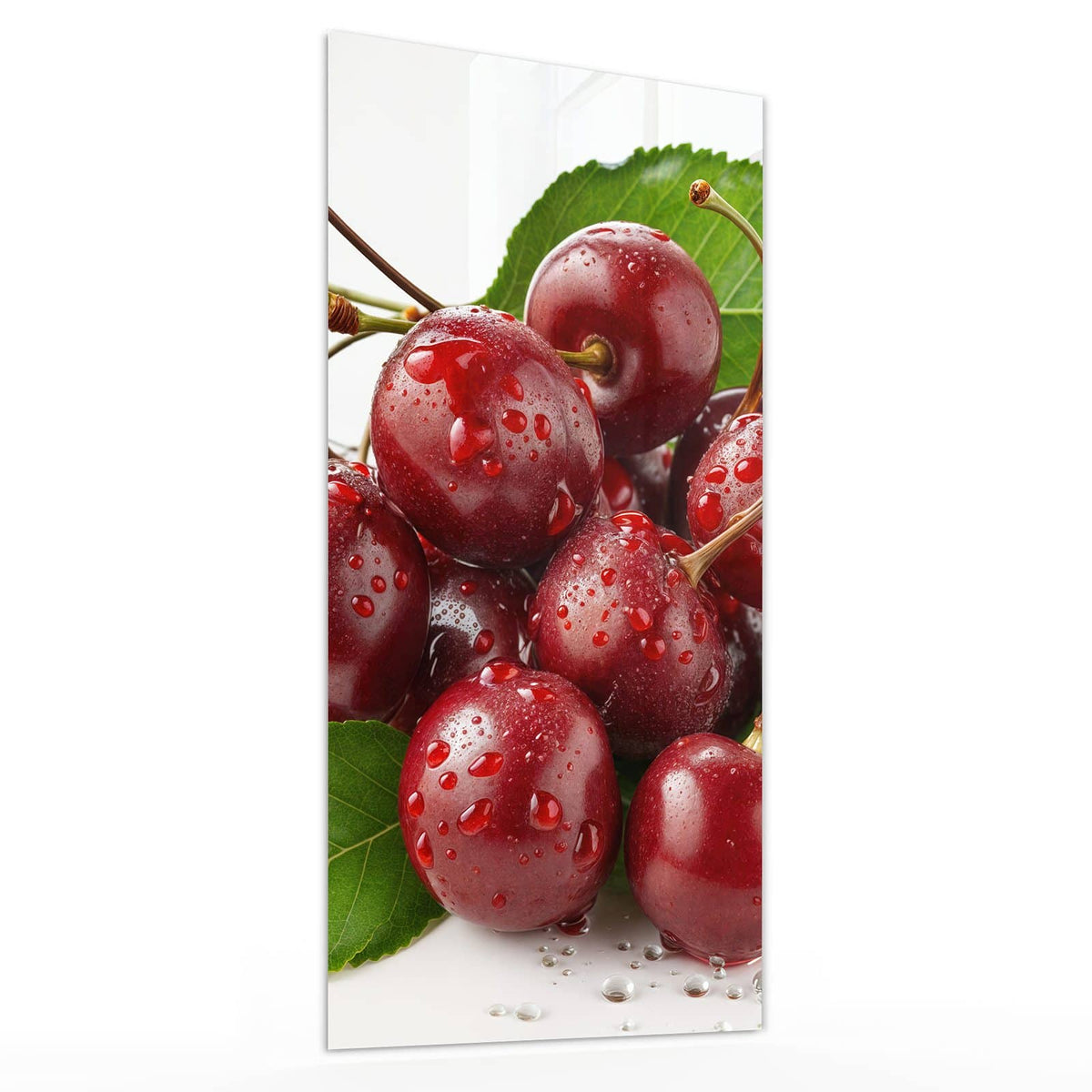 Glasbild Kirschen mit Tautropfen von der Seite, 4 mm Echtglas