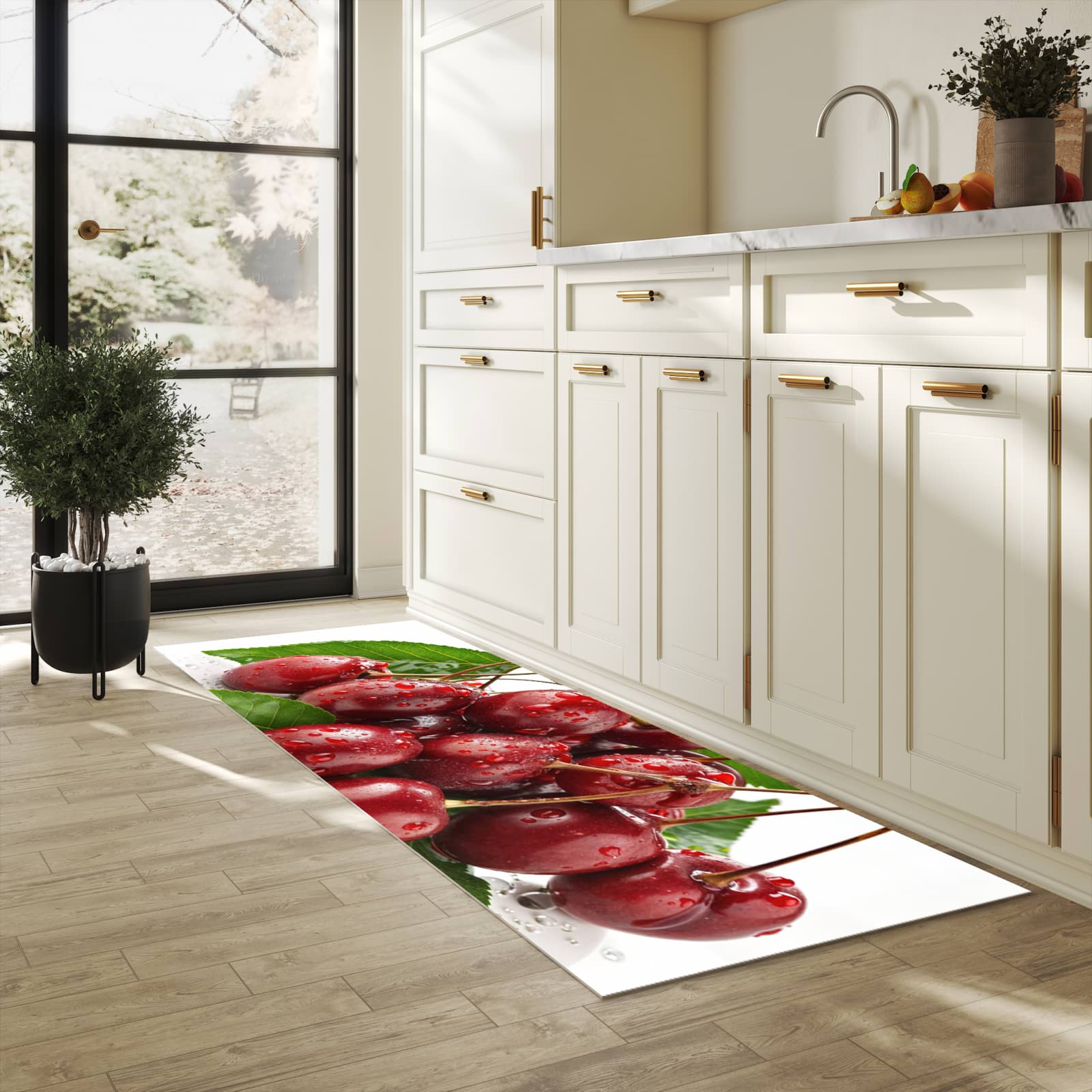 Langlebiger Küchenteppich mit Motiv Kirschen von Frische in heller Küche