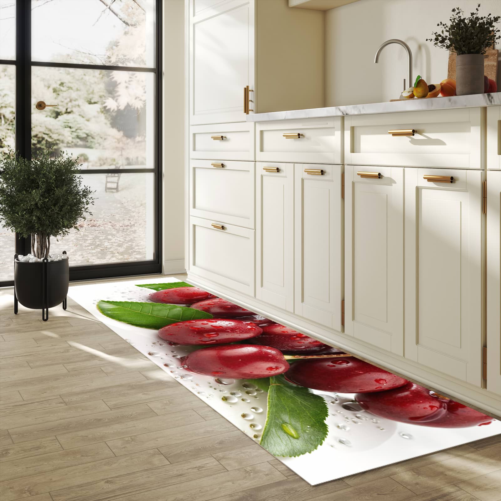 Feuchtigkeitsresistenter Teppich für die Küche mit Motiv Kirschen von Frische in heller Küche