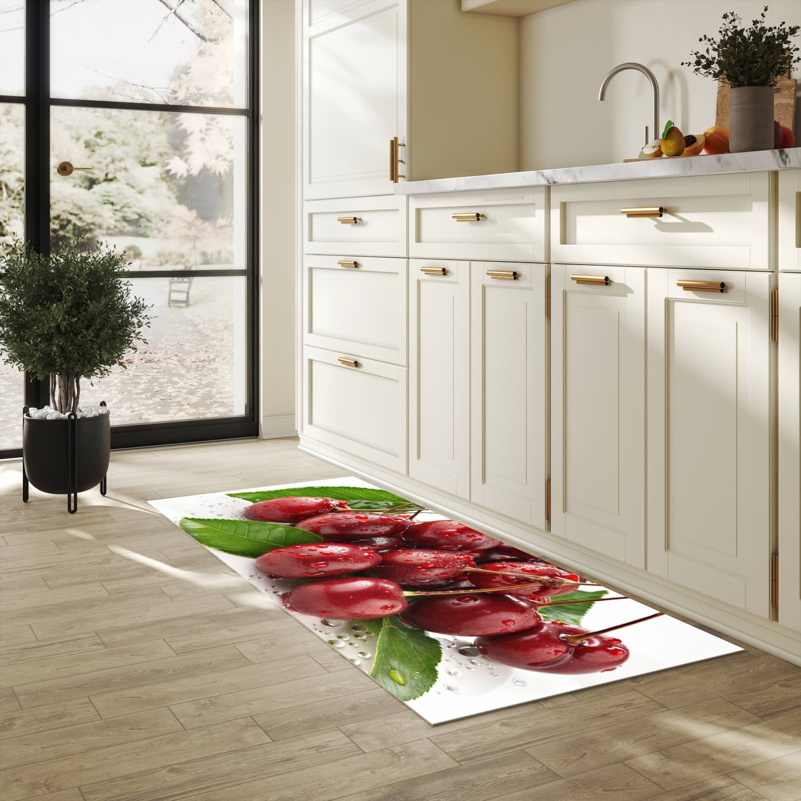 Waschbarer Küchenteppich mit Motiv Kirschen von Frische in heller Küche