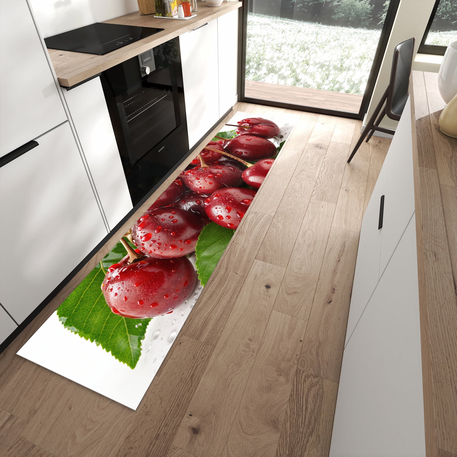 Geräuschdämpfender Küchenläufer mit Motiv Kirschen von Frische in moderner Küche