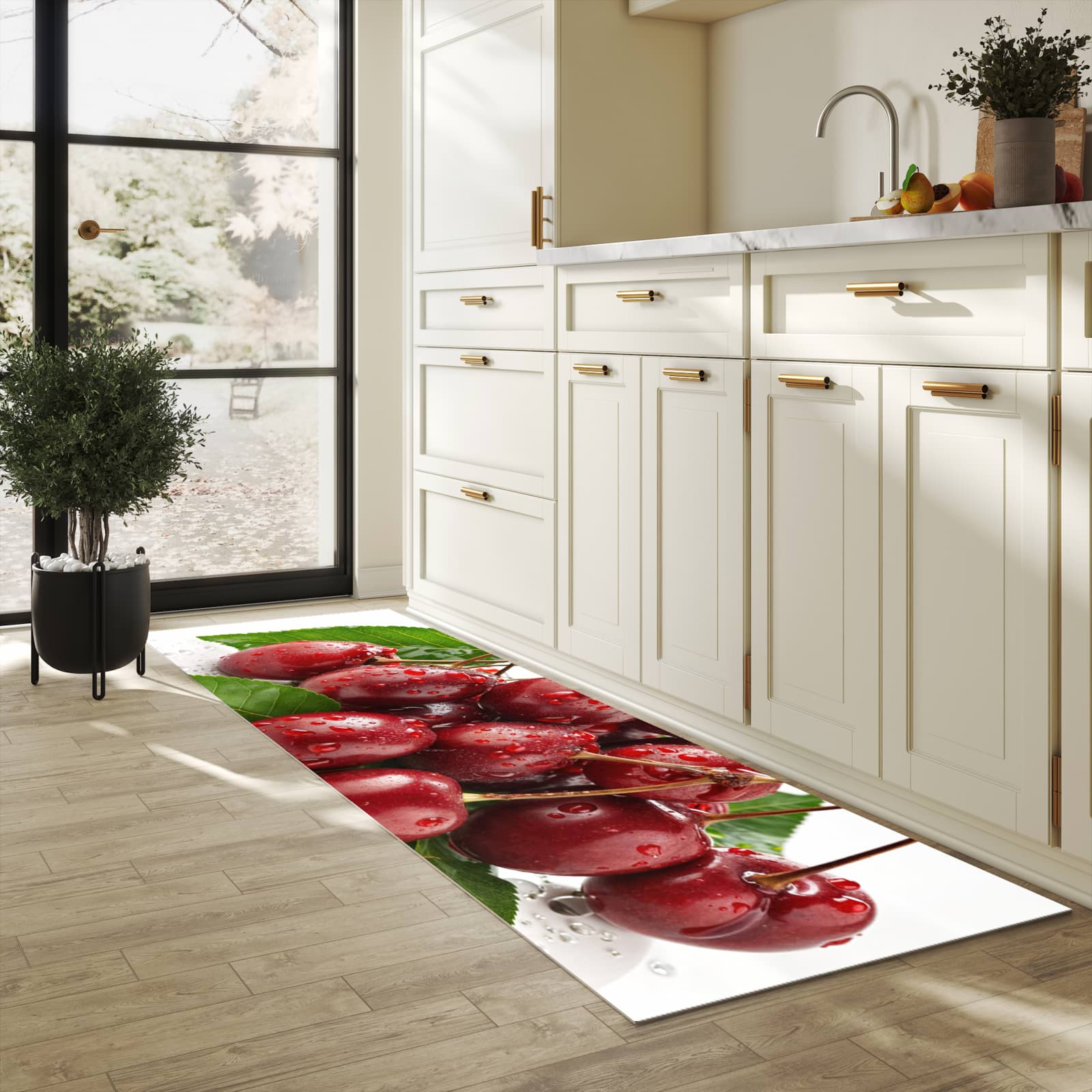 Rutschfester Küchenteppich mit Motiv Kirschen von Frische in heller Küche