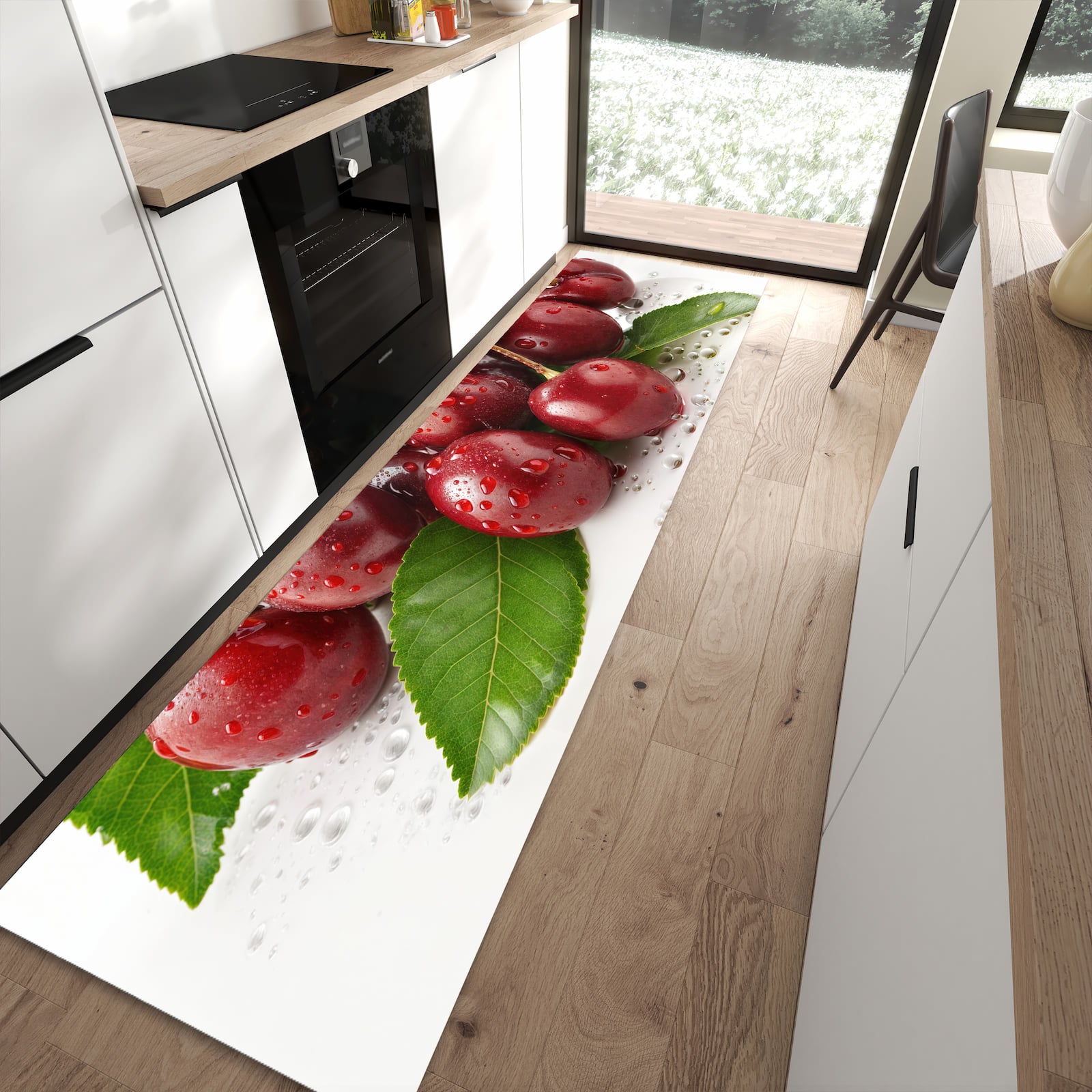 Schmutzabweisender Küchenläufer mit Motiv Kirschen von Frische in moderner Küche