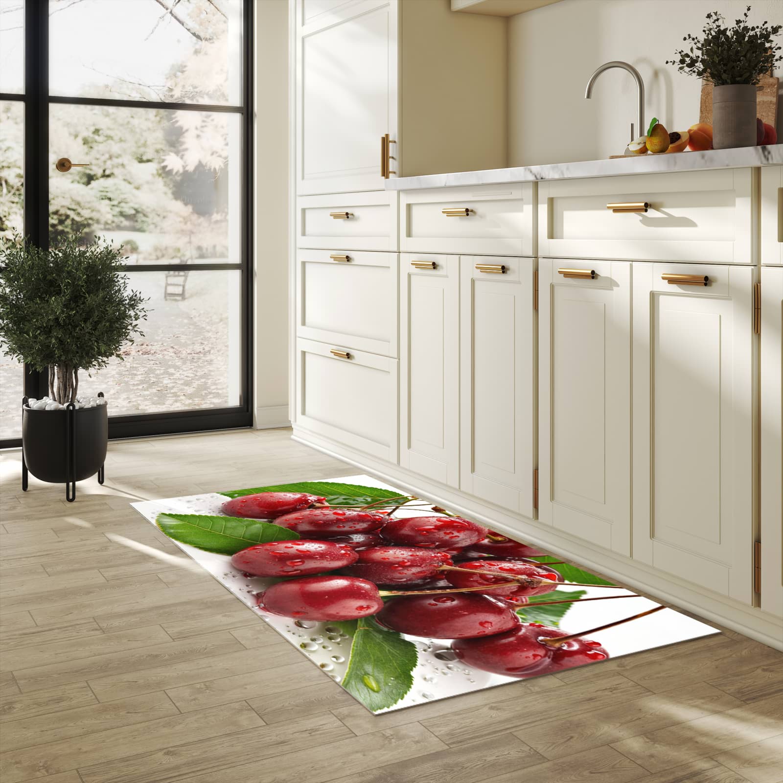 Bodenschonender Küchenteppich mit Motiv Kirschen von Frische in heller Küche
