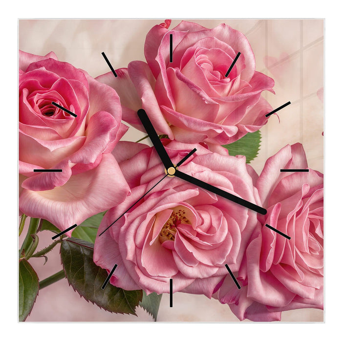 Wanduhr Rosenblütenpracht aus Glas – Quadratisch 30 × 30 cm mit Ziffernblatt Linie