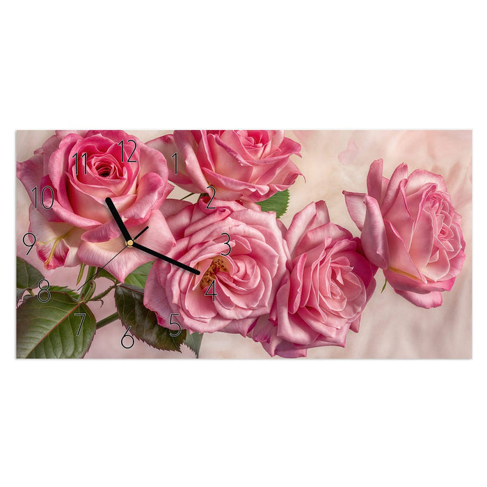 Wanduhr Rosenblütenpracht aus Glas – Querformat 60 × 30 cm mit Ziffernblatt Elegant