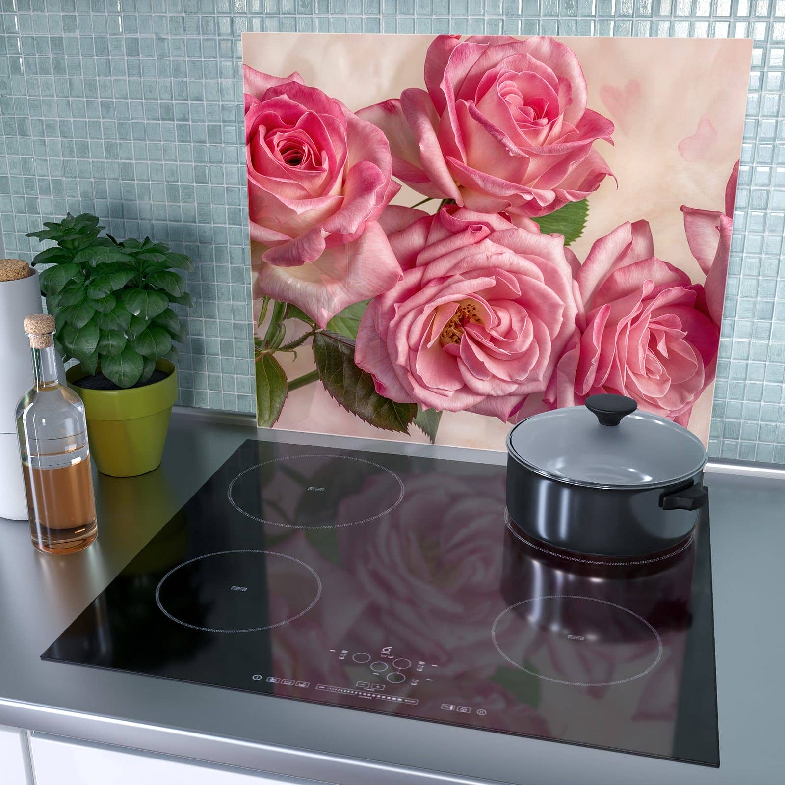 1-teilige Herdabdeckplatte mit Rosenblütenpracht-Motiv als Spritzschutz hinter dem Kochfeld