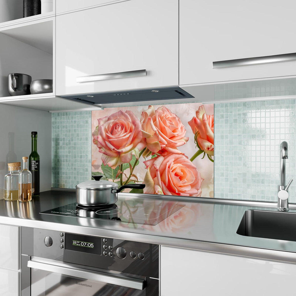 Küchenrückwand aus Glas Korallenrote Rosen im Hochformat als Spritzschutz hinter dem Kochfeld, über dem Fliesenspiegel montiert