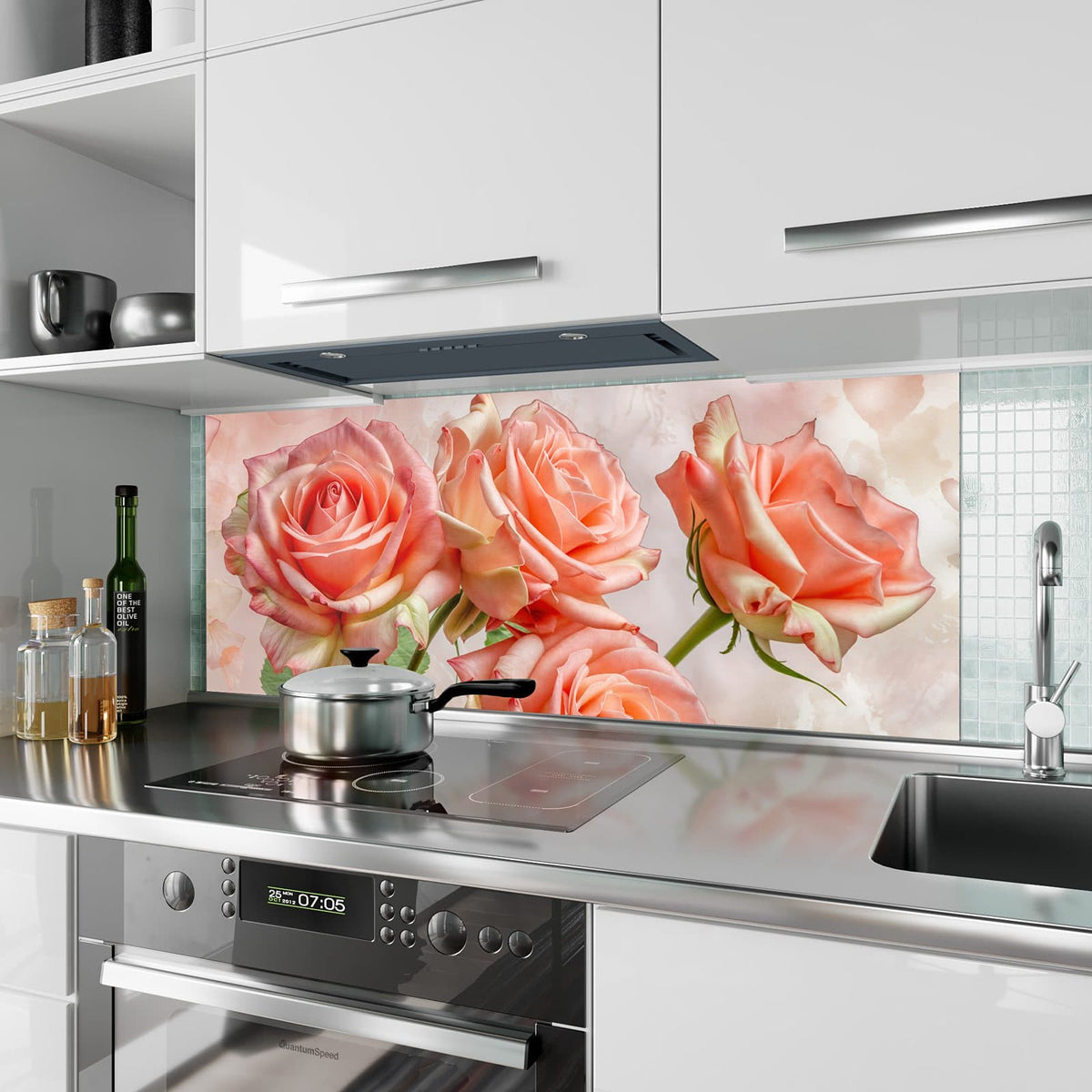 Küchenrückwand aus Glas Korallenrote Rosen im Hochformat als Spritzschutz hinter dem Kochfeld, über dem Fliesenspiegel montiert