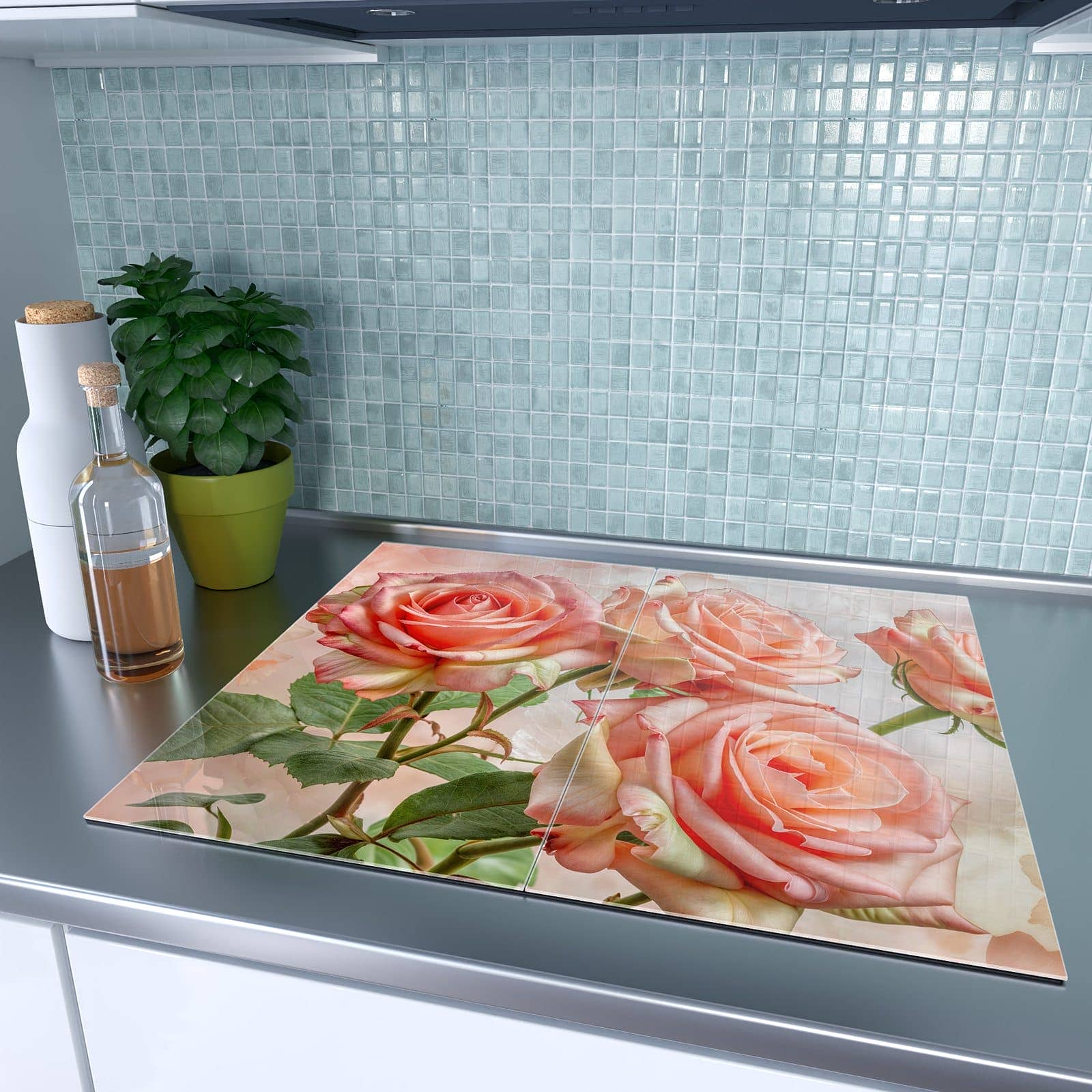 2-teilige Herdabdeckung mit Rosen Bouquet-Motiv auf dem Ceranfeld