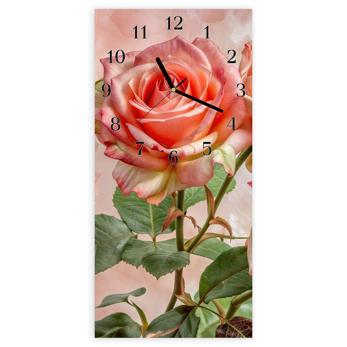 Wanduhr aus Glas, Ziffernblatt Klassisch: Drei geöffnete Rosen in Korallen-/Lachsrosa mit grünen Blättern vor zartrosa Grund #ziffernblatt_Klassisch