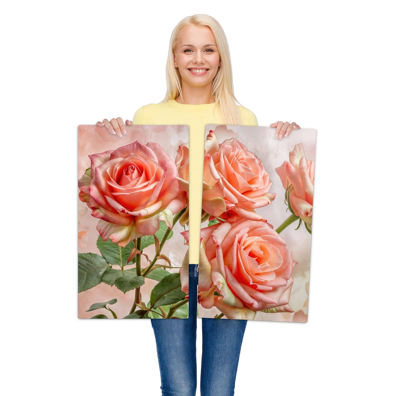 2-teilige Herdabdeckplatten aus Glas mit Rosen Bouquet-Motiv wird zur Größendarstellung gehalten