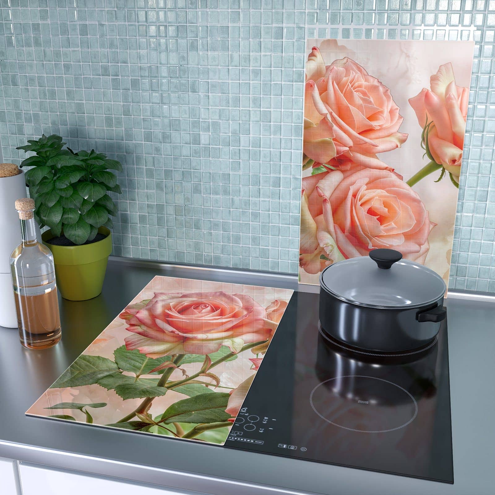 2-teilige Abdeckplatten für Ceranfeld mit Rosen Bouquet-Motiv als Spritzschutz hinter dem Kochfeld