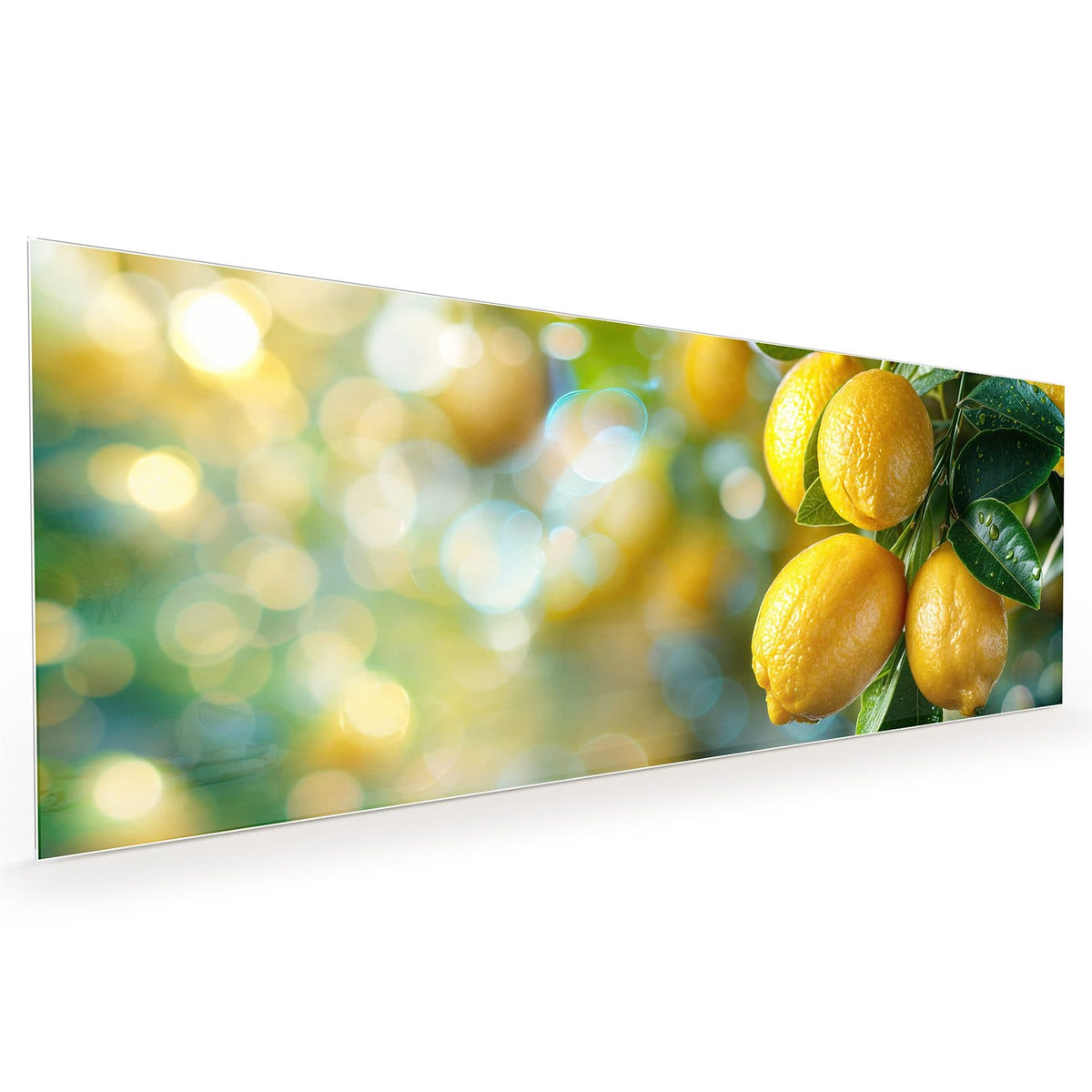Küchenrückwand aus Glas im Hochformat mit Motiv Zitronen im Blattwerk: Reife Zitronen an belaubten Zweigen mit Wassertropfen vor blau-grünem Bokeh