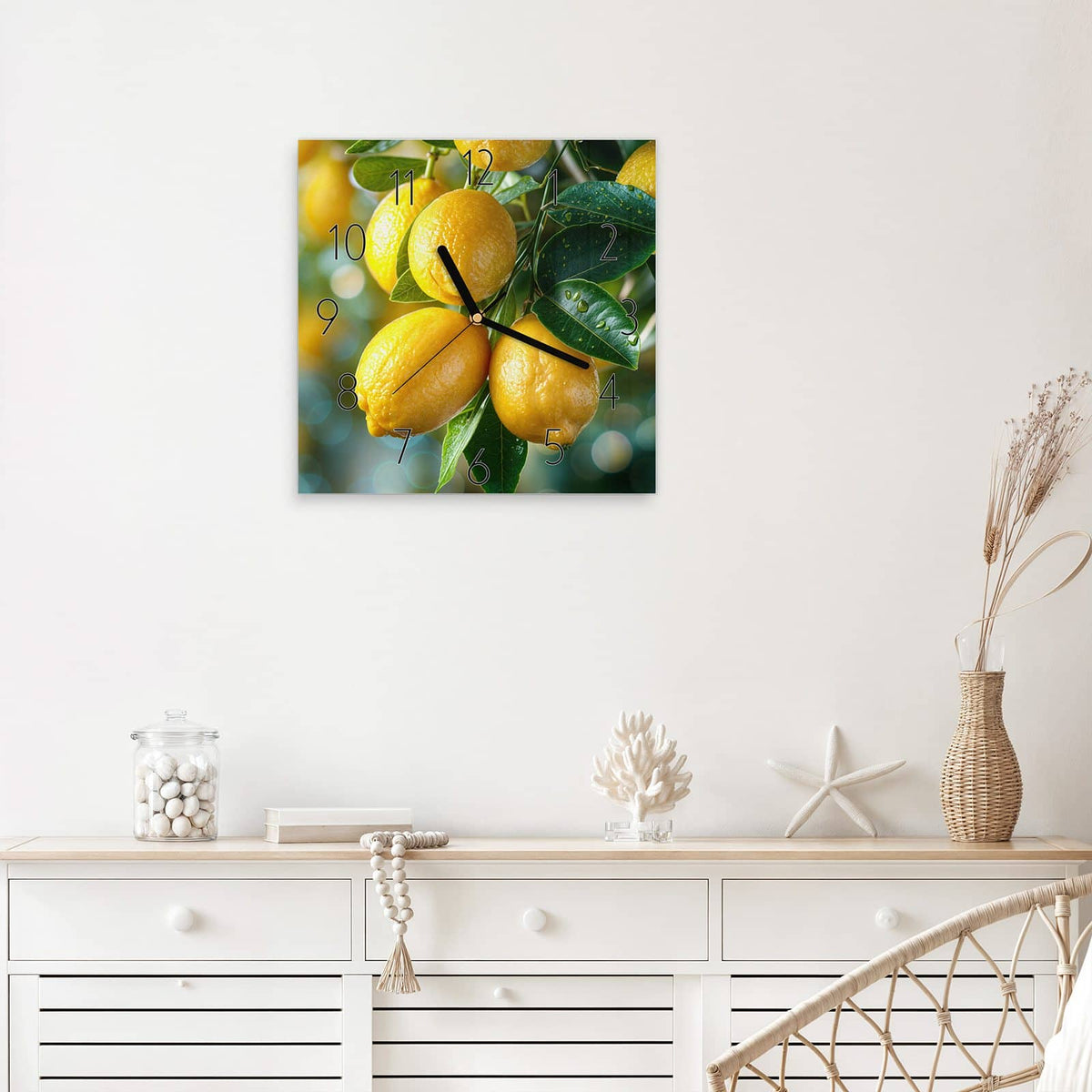Wanduhr Zitronen im Blattwerk aus Glas – Quadratisch 30 × 30 cm – Leuchtende Zitronen am Zweig