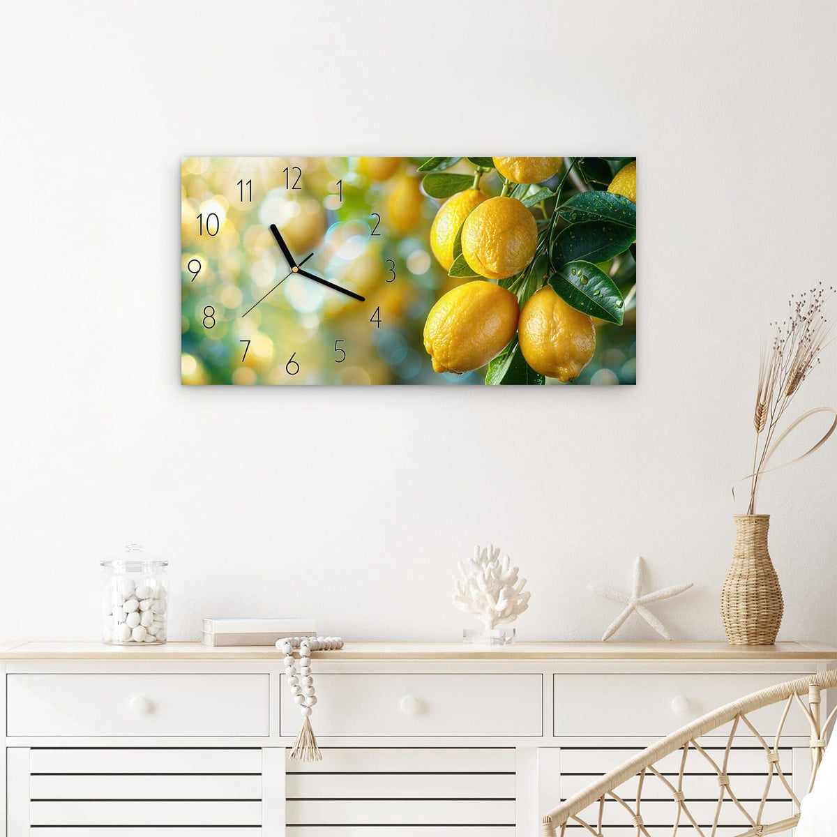 Wanduhr Zitronenbaumstrauch aus Glas – Querformat 60 × 30 cm – Leuchtende Zitronen am Baum