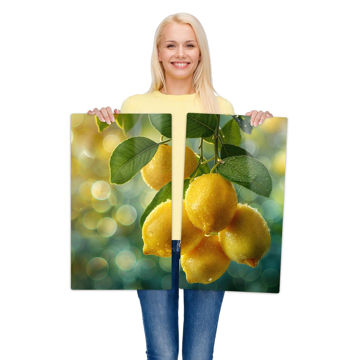 2-teilige Herdabdeckplatten aus Glas mit Zitronenbaum-Motiv wird zur Größendarstellung gehalten