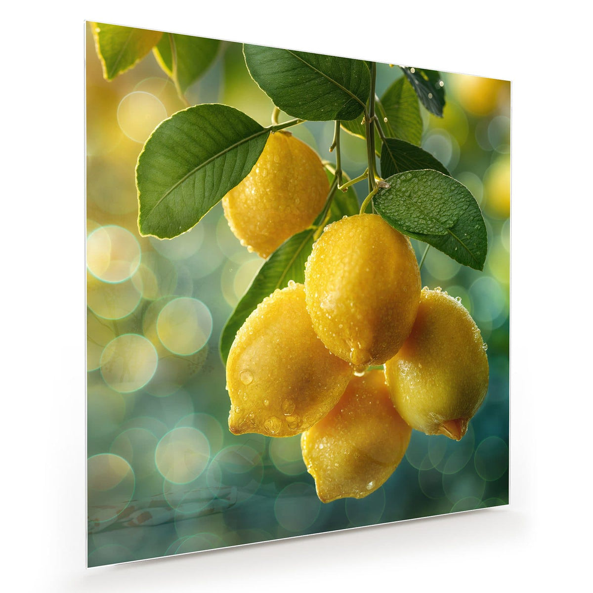 Fünf betaute Zitronen mit Blättern an einem Zweig vor grün-goldenem Bokeh