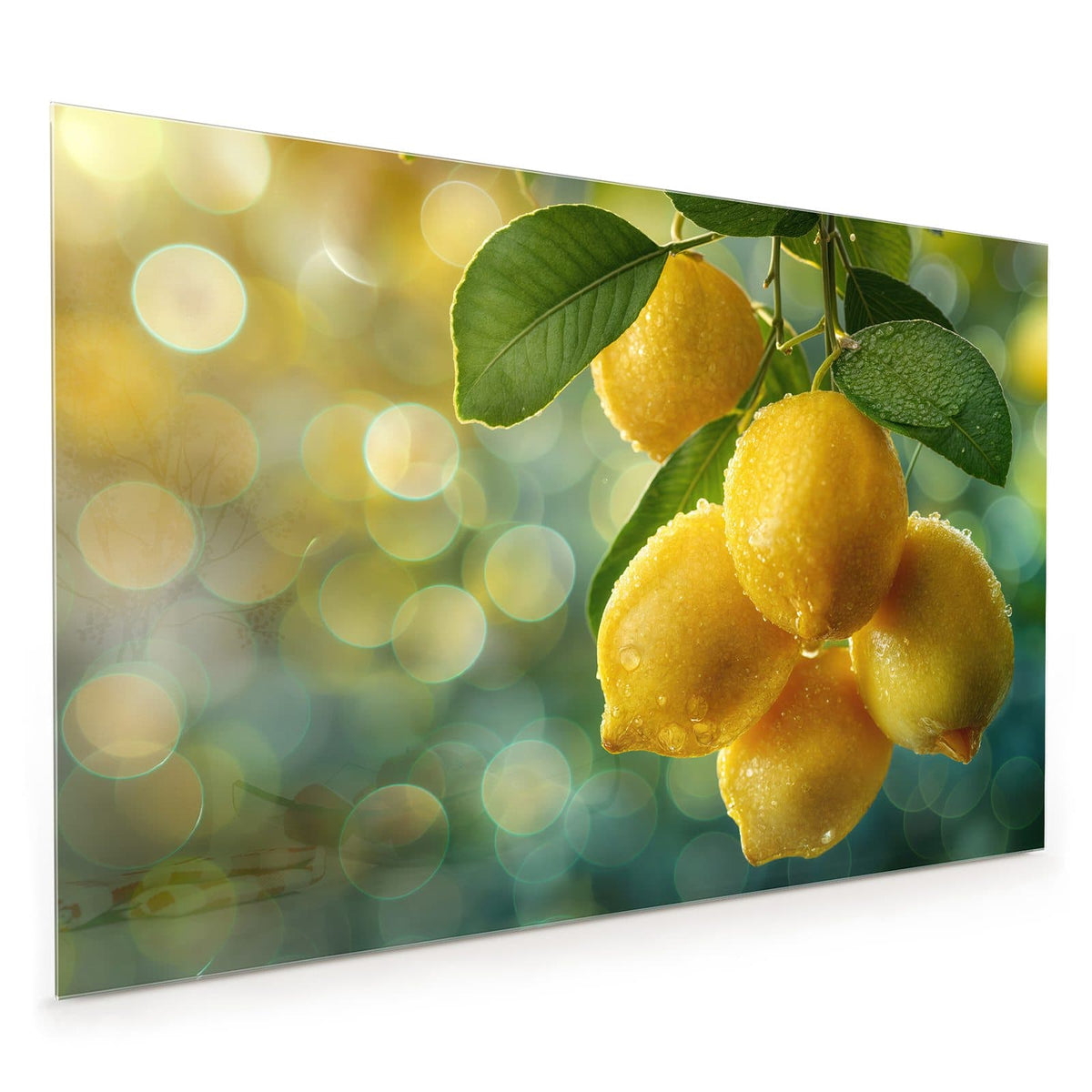 Küchenrückwand aus Glas im Hochformat: Fünf betaute Zitronen mit Blättern an einem Zweig vor grün-goldenem Bokeh