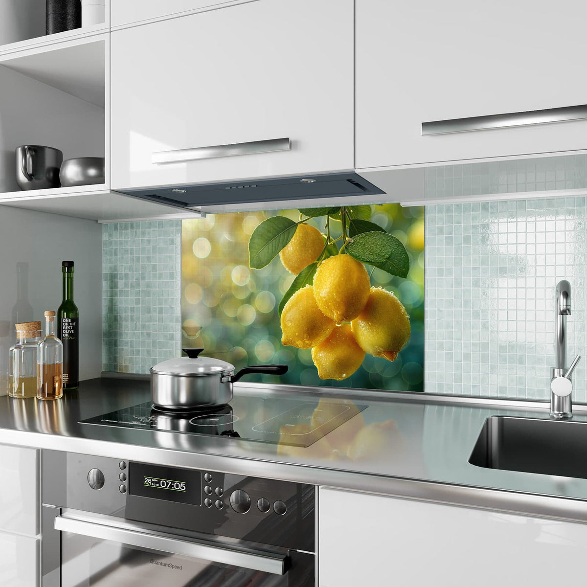 Küchenrückwand aus Glas Fünf Zitronen am Zweig im Hochformat als Spritzschutz hinter dem Kochfeld, über dem Fliesenspiegel montiert